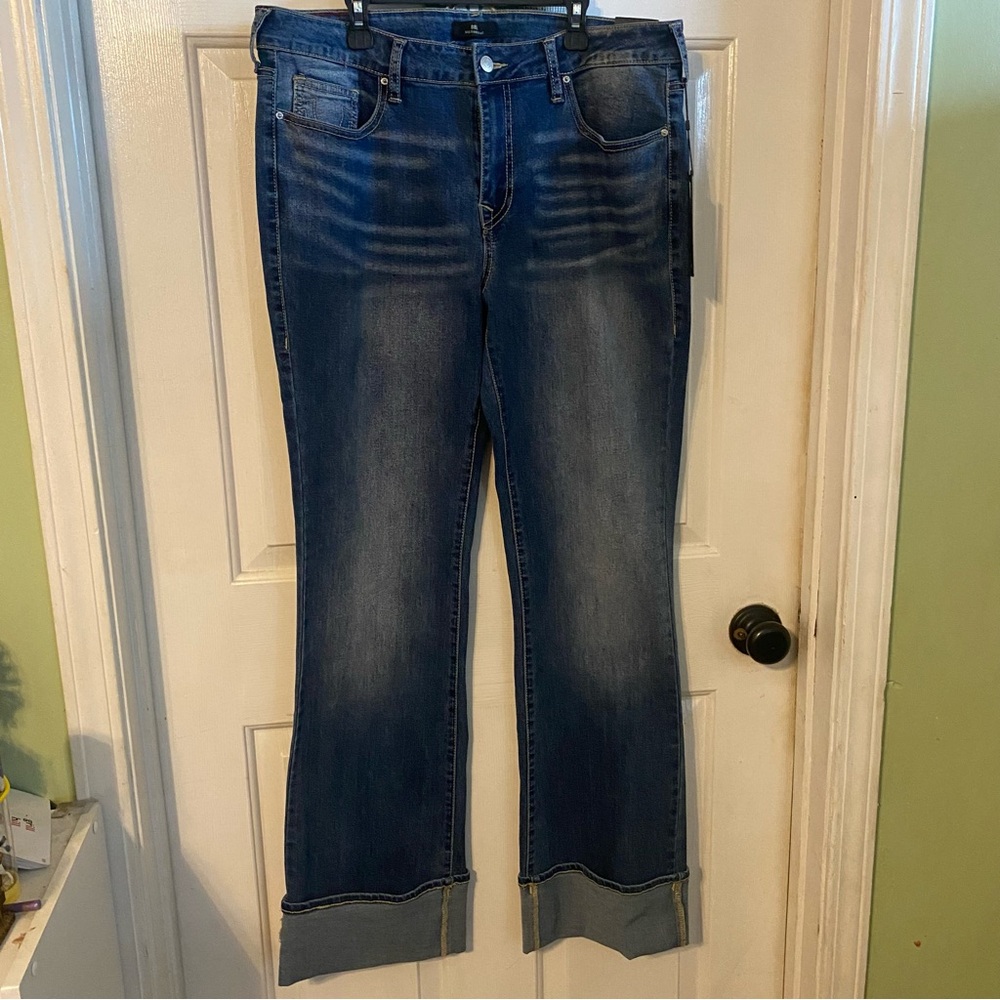 True Religion Women's Dark Blue Boot Cut Jeans with Cuffed Hem